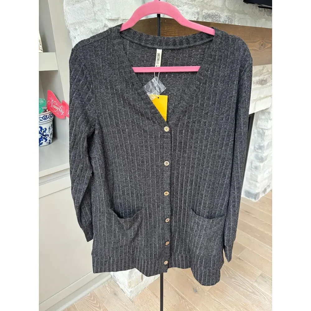 Grecerelle Women's Dark Gray Ribbed Lightweight Knit Outerwear Cardigan Size L - Picture 4 of 7